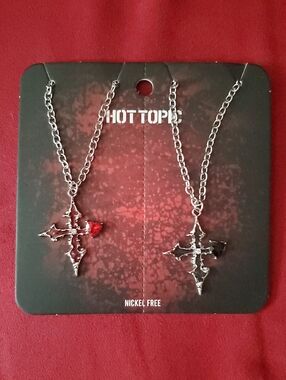 Hot Topic Silver Gothic Cross Necklaces with Red and Black Gem Stones Frienship